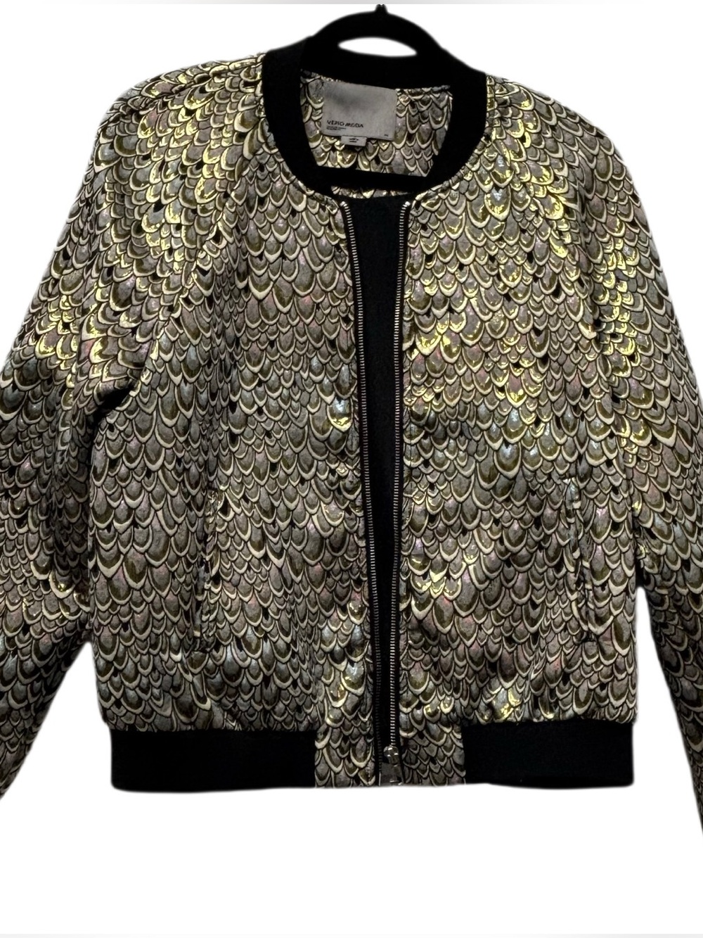 Vero Moda Metallic Scale-Pattern Bomber Jacket - Gold & Black